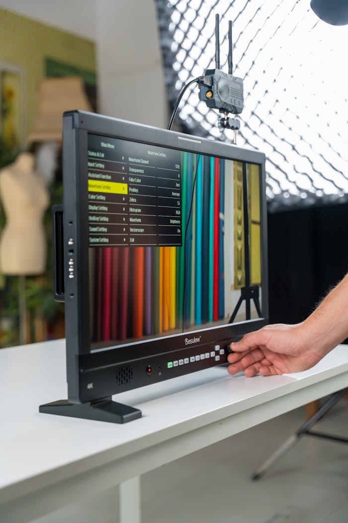 A person is holding a monitor with a color bar